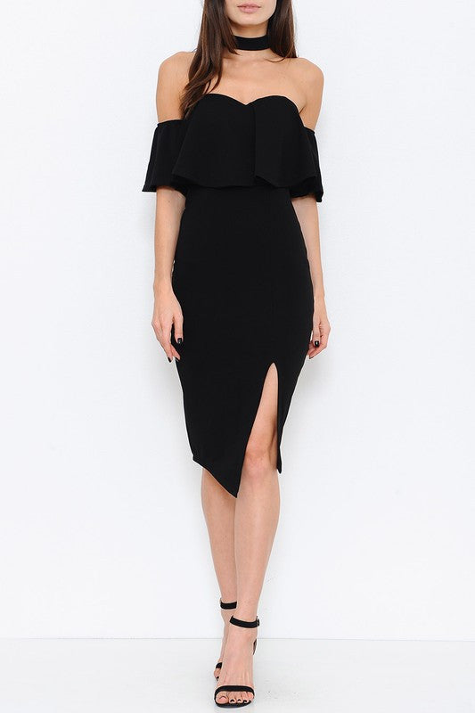Elegant Black Choker Off Shoulder Dress