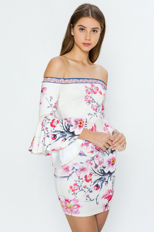 Fashion Summer Off Shoulder Floral Dress With Bell Sleeve