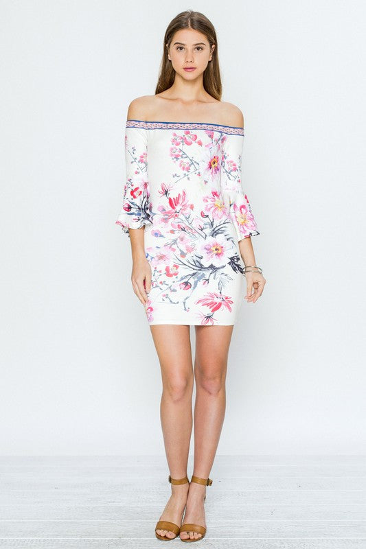 Fashion Summer Off Shoulder Floral Dress With Bell Sleeve