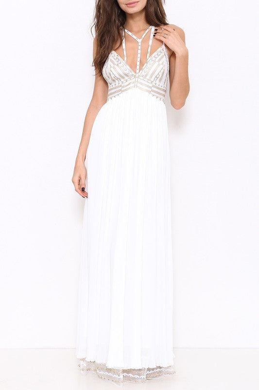 Elegant Gold Embroidery White Maxi Dress
