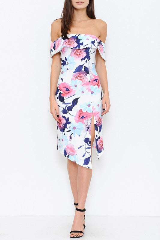 Elegant Multi-Color Floral Prints Off Shoulder Dress