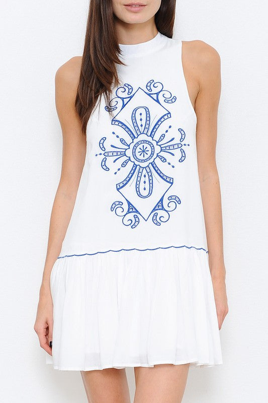 Fashion Summer Blue Embroidery White Dress