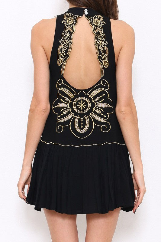 Fashion Summer Gold Embroidery Black Dress