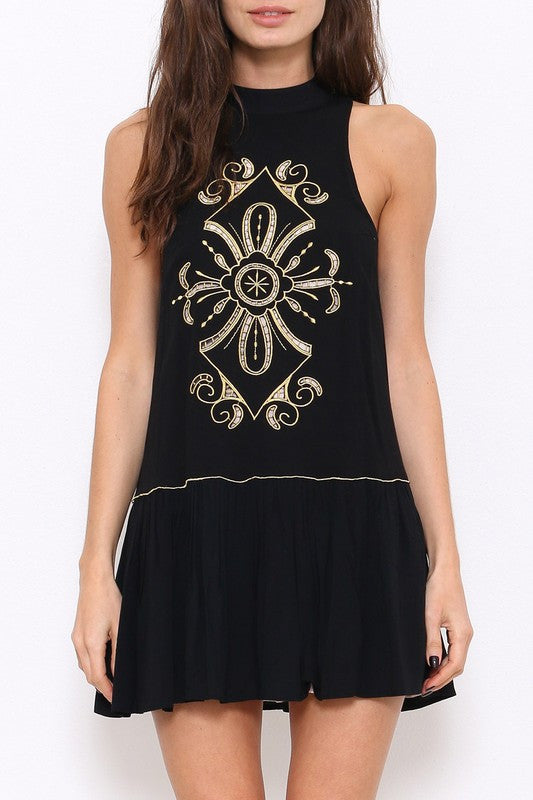 Fashion Summer Gold Embroidery Black Dress