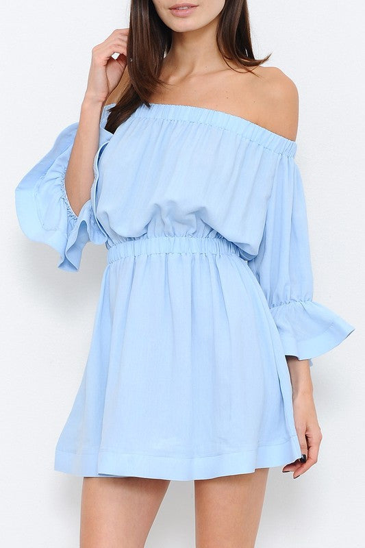 Fashion Off Shoulder Light Blue Dress with Bell Sleeve