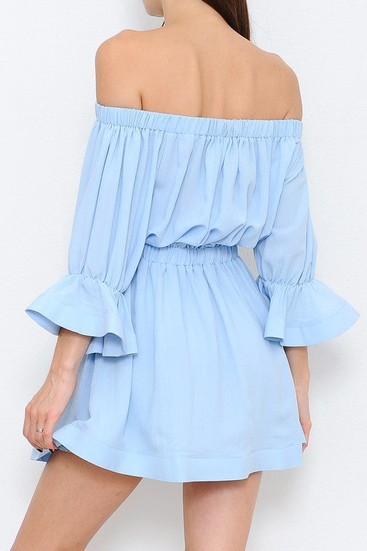 Fashion Off Shoulder Light Blue Dress with Bell Sleeve