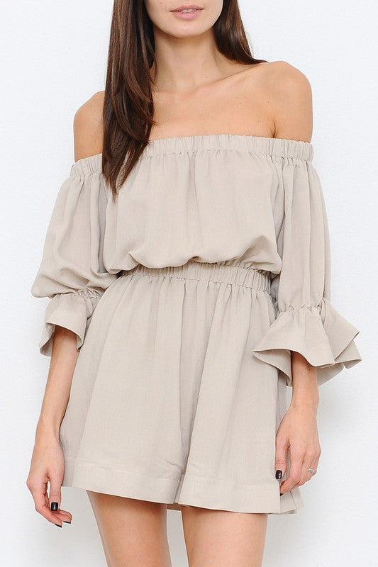 Fashion Off Shoulder Beige Dress with Bell Sleeve