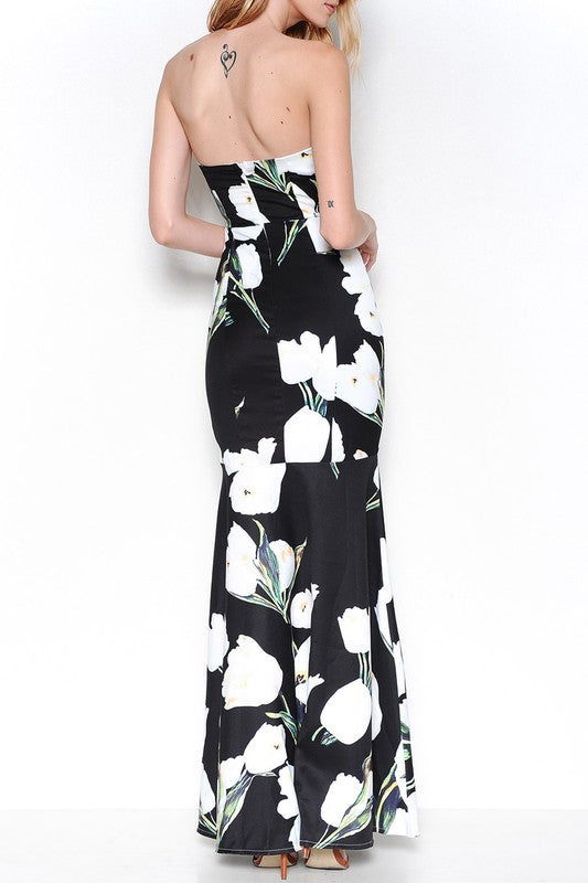 Elegant Contrast Floral Print Maxi Dress