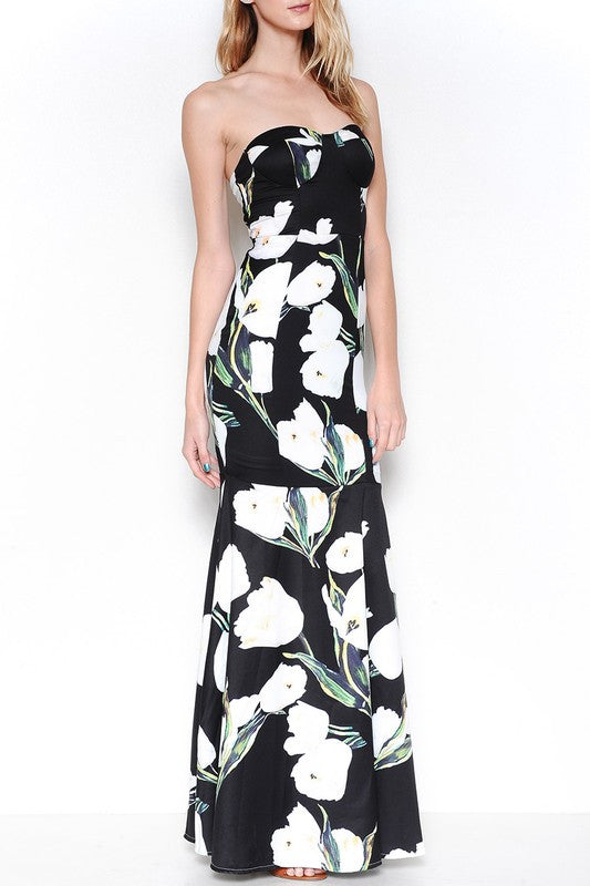 Elegant Contrast Floral Print Maxi Dress