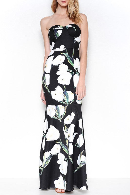Elegant Contrast Floral Print Maxi Dress