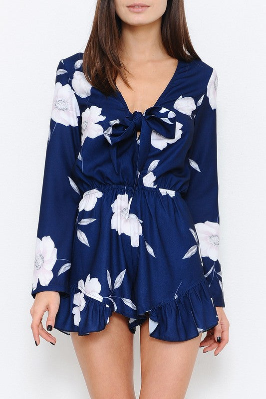 Elegant Floral Print Tie-Up Blue Romper
