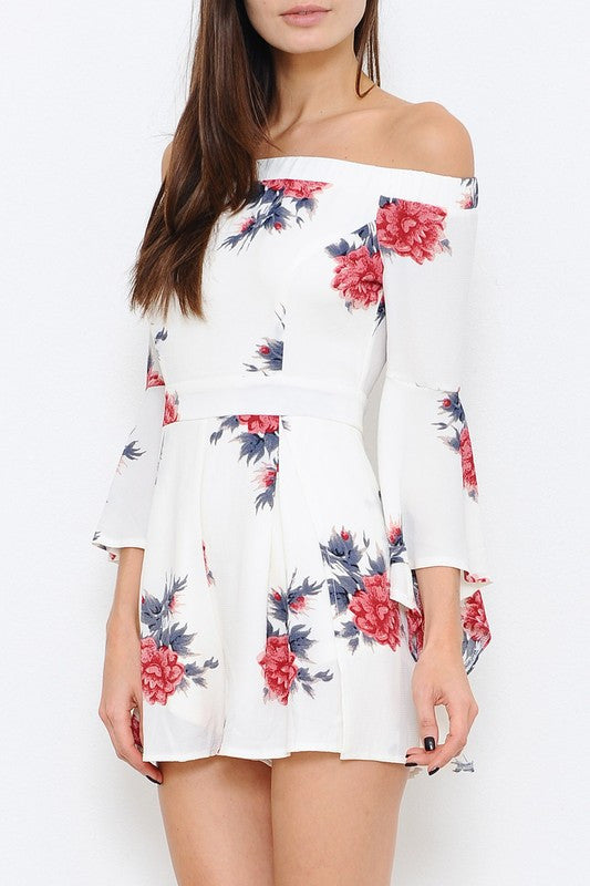 Elegant Off Shoulder Floral Print Bell Sleeve Ivory Romper