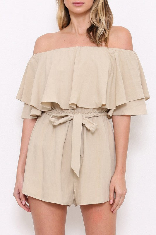 Fashion Off-Shoulder Beige Ruffle Romper