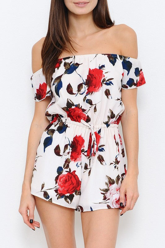 Elegant Ivory Floral Print Off Shoulder Romper