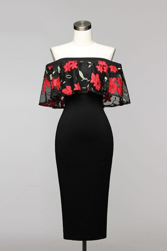 Elegant Off-Shoulder Red Floral Black Dress