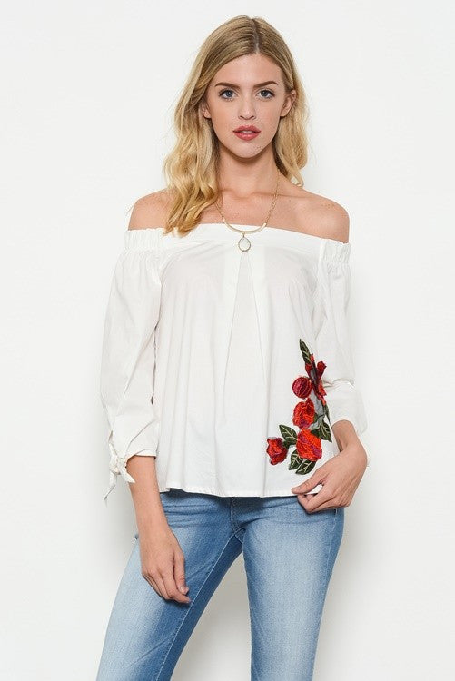 Fashion White Off Shoulder Top Embroidery Rose