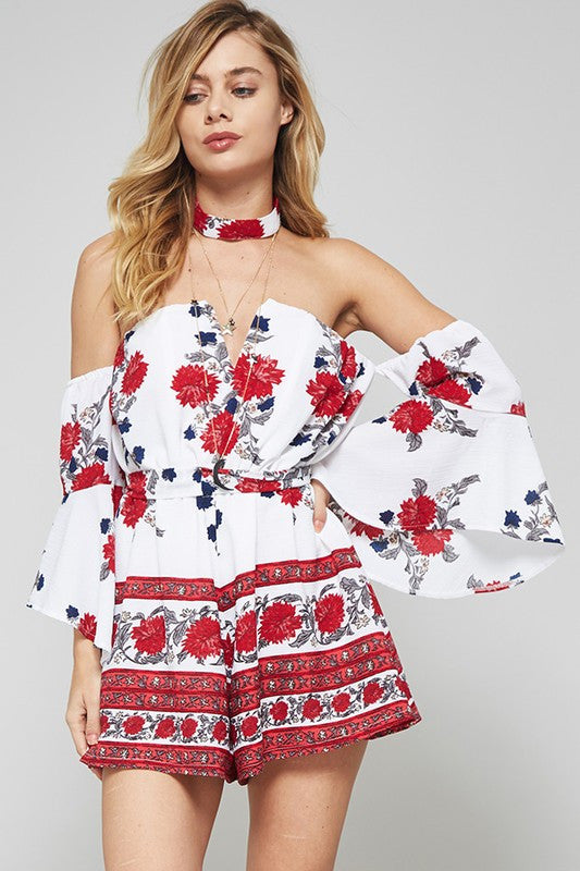 Summer Off Shoulder Bell Sleeve Floral Print Romper