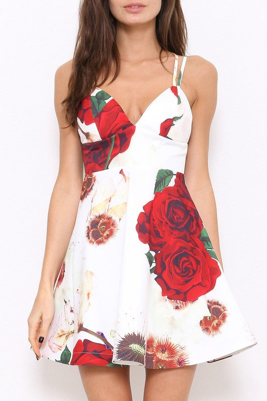 Elegant Cocktail Red Roses Flare Dress