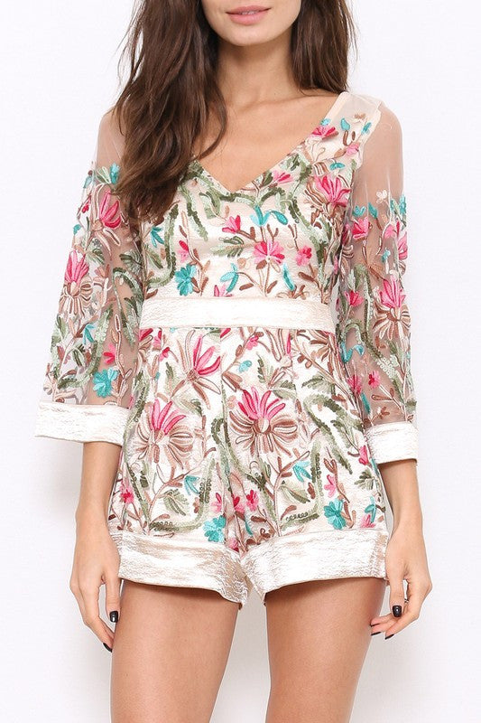 Elegant Gold Floral Embroidery Romper