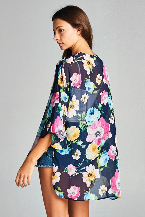 Fashion Summer Floral Print Black Cardigan