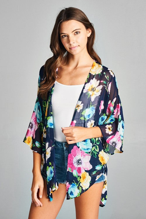 Fashion Summer Floral Print Black Cardigan