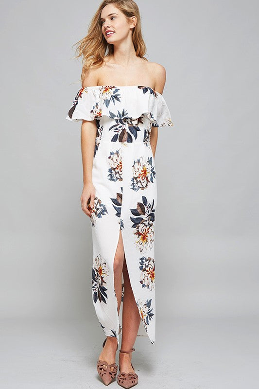 Summer Off Shoulder Floral Maxi Dress With Frontal Split