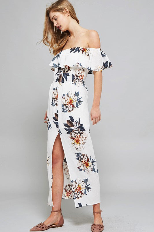 Summer Off Shoulder Floral Maxi Dress With Frontal Split