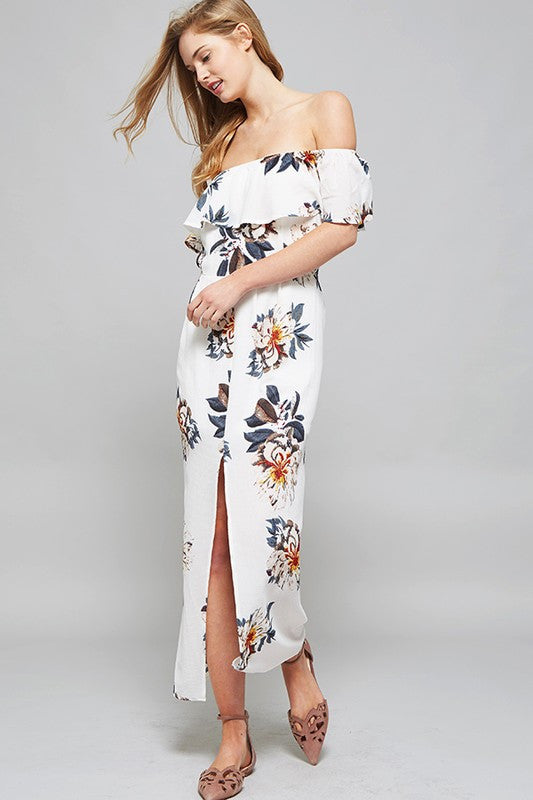 Summer Off Shoulder Floral Maxi Dress With Frontal Split