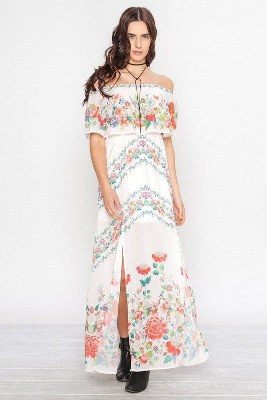 Summer Off Shoulder Floral Print Ruffle Maxi Dress