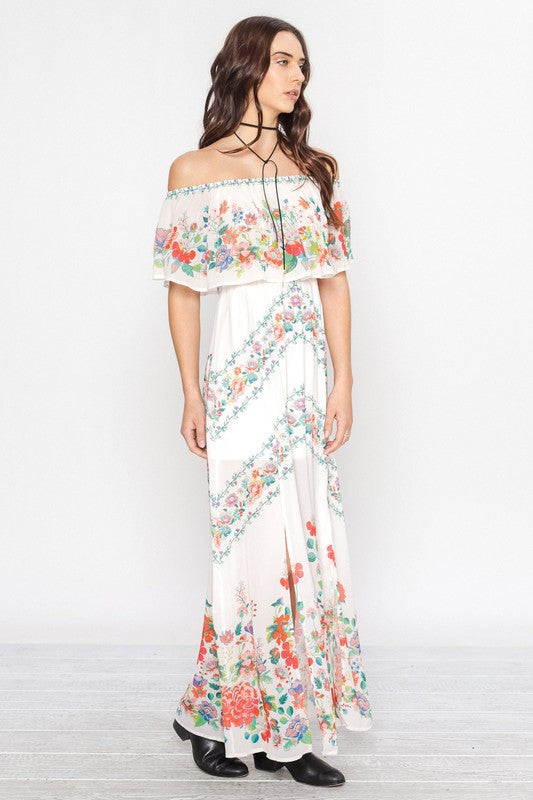 Summer Off Shoulder Floral Print Ruffle Maxi Dress