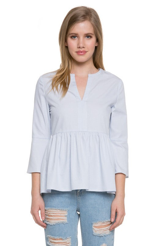 Elegant V Neck Long Sleeve Light Blue Blouse