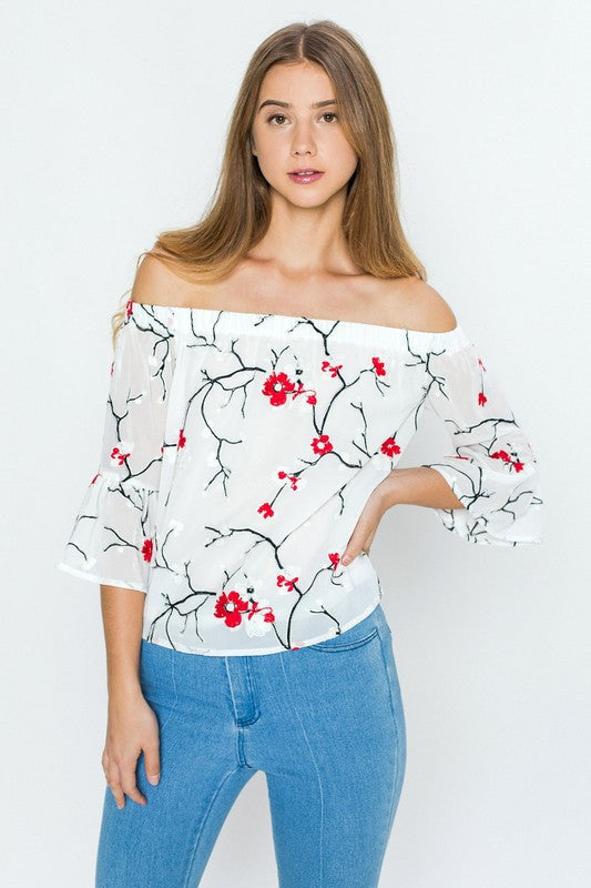 Fashion Off Shoulder Floral Embroidery Top
