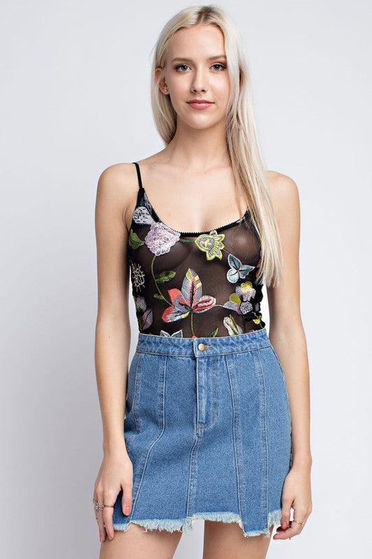 Fashion Floral Embroidery Black Mesh Bodysuit
