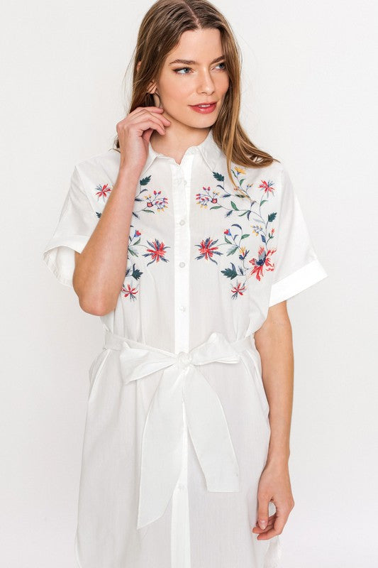 Elegant Floral Embroideries White Shirt Dress