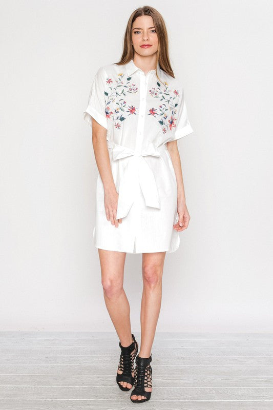 Elegant Floral Embroideries White Shirt Dress