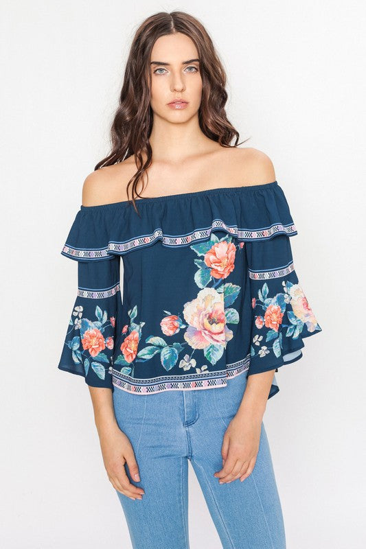 Fashion Off Shoulder Floral Navy Top With Bell Sleeve