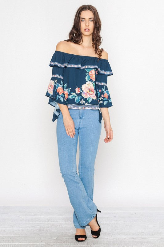 Fashion Off Shoulder Floral Navy Top With Bell Sleeve