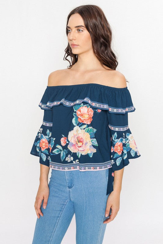Fashion Off Shoulder Floral Navy Top With Bell Sleeve