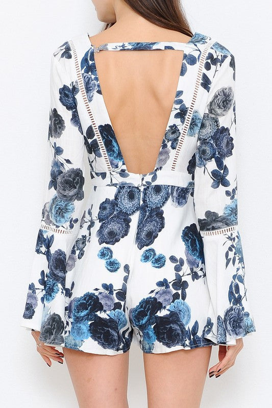 Elegant Fashion Blue White Floral V-Neck Romper