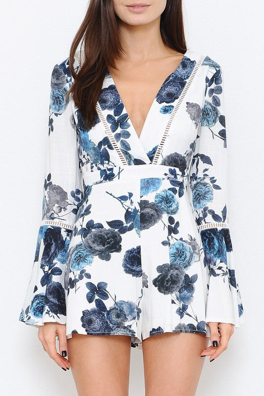 Elegant Fashion Blue White Floral V-Neck Romper