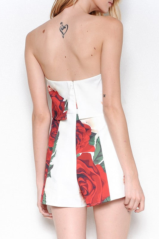Fashion Ruffle Strapless Red Roses Romper