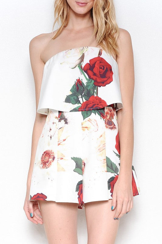 Fashion Ruffle Strapless Red Roses Romper