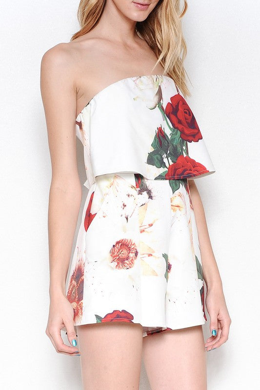 Fashion Ruffle Strapless Red Roses Romper