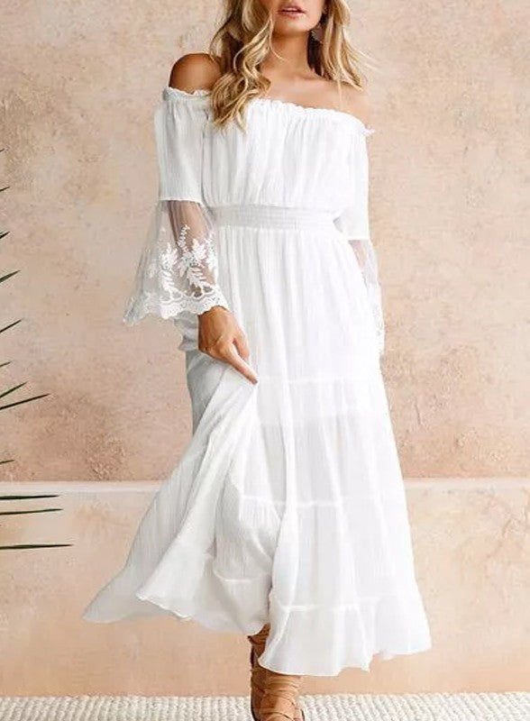 Elegant Off Shoulder White Lace Detailed Bell Sleeve Maxi Dress