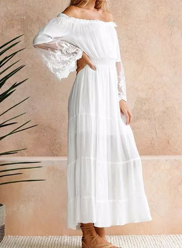 Elegant Off Shoulder White Lace Detailed Bell Sleeve Maxi Dress Elegant Off Shoulder White Lace Detailed Bell Sleeve Maxi Dress