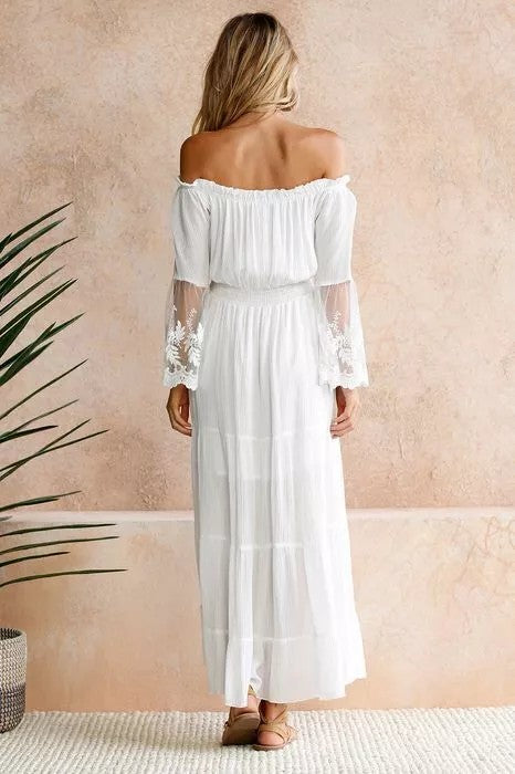 Elegant Off Shoulder White Lace Detailed Bell Sleeve Maxi Dress