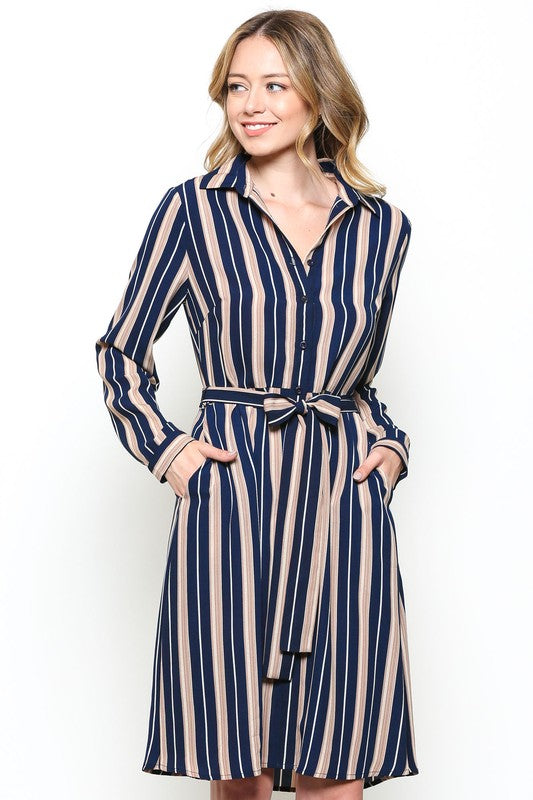 Elegant Navy Striped Beige Shirt Dress