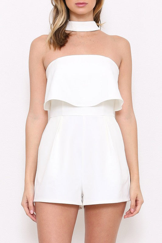 Elegant Ruffle Strapless White Choker Romper