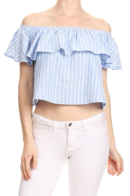 Fashion Summer Off Shoulder Ruffle Marine Blue Crop Top