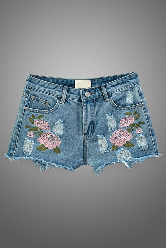 Summer Embroidered Denim Short With Roses